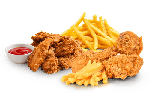 fast food chicken wings and drum sticks with fries and ketchup