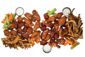 Chicken wings, fries, veggie sticks with ranch dipping sauces